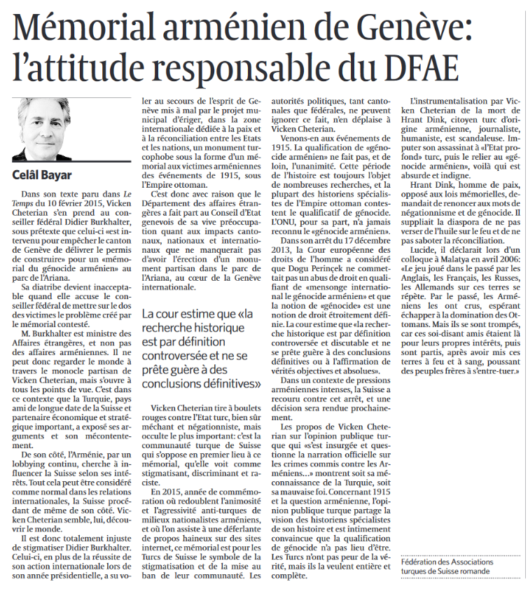 Le Temps, rubrique "Débat" - Mémorial arménien de Genève: l'attitude responsable de Didier Burkhalter - 3 mars 2015, édition papier
