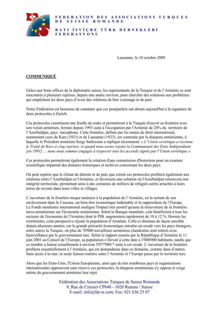 Communiqué de presse – 10.10.2009 – La signature des Protocoles de Zurich (page 1)