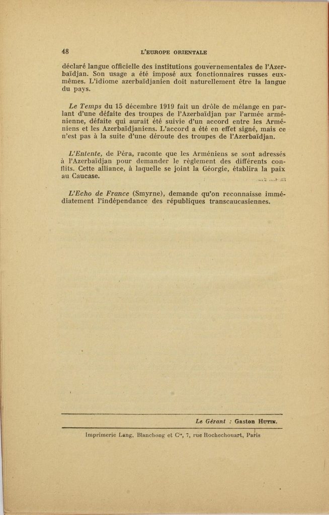 L'Europe orientale : pour la défense des nouvelles républiques d'Orient - No. 9-10 - 1-16 janvier 1920, Paris (p. 48)