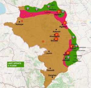 Situation militaire au Karabagh en date du 4.10.2020. Source : compte Twitter de @LukeDCoffey